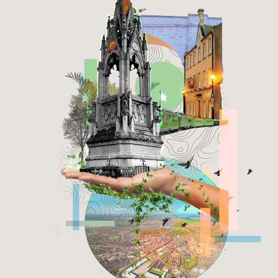 Dream-like collage of Mansfield landmarks with the Bentinck memorial balancing on the palm of a hand.